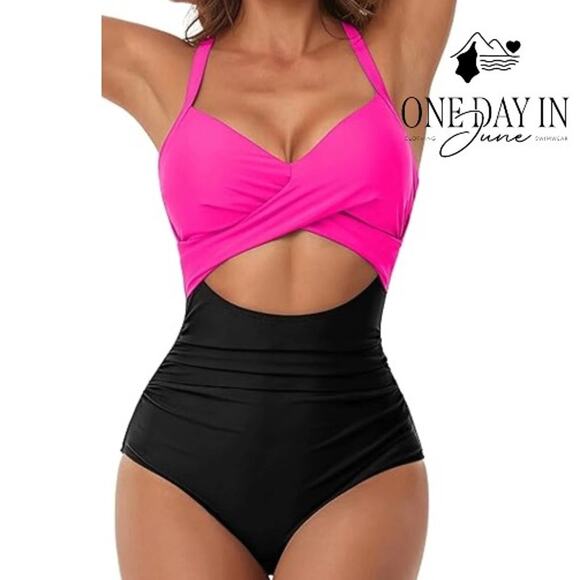CharmLeaks Cross Fronot Tie Back Cut Out One Piece Swimsuit Size M - Picture 1 of 6